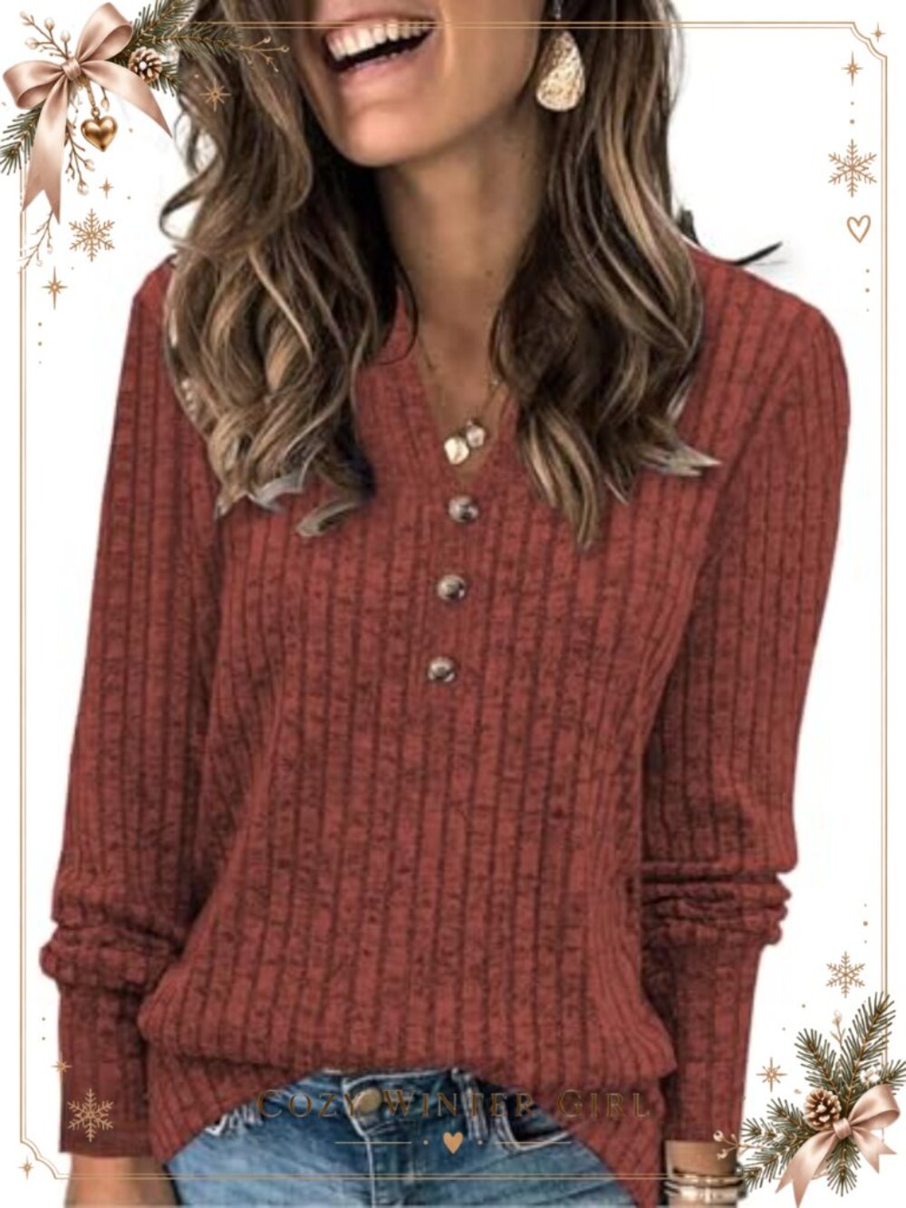 V Neck Button Knit Pullover Sweater Loose Casual Long Sleeve Top